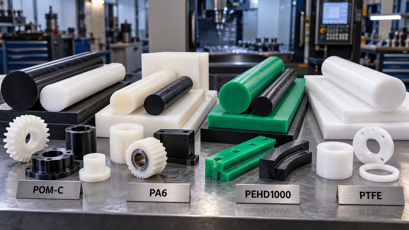 POM-C, PA6, PEHD1000 og PTFE teknisk plast